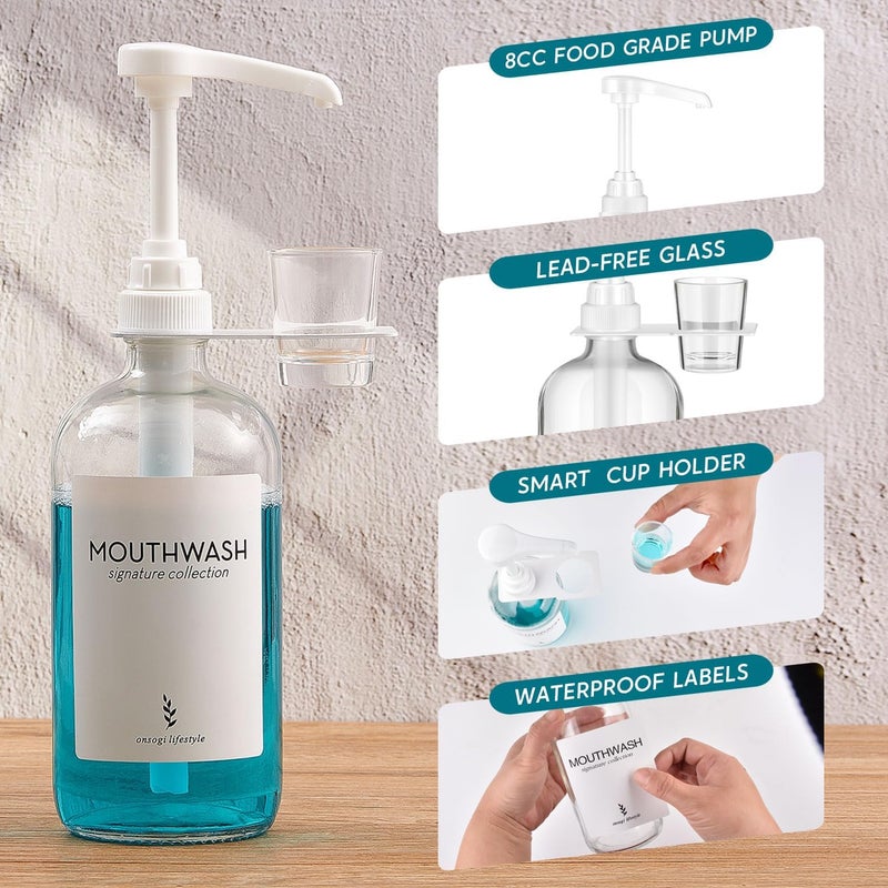 onsogi Glass Mouthwash Dispenser with Cup Holder and Pump, 16 Oz Rustic Boho Mouthwash Dispenser for Bathroom Farmhouse Decor - 1 Pack Clear - Image 4